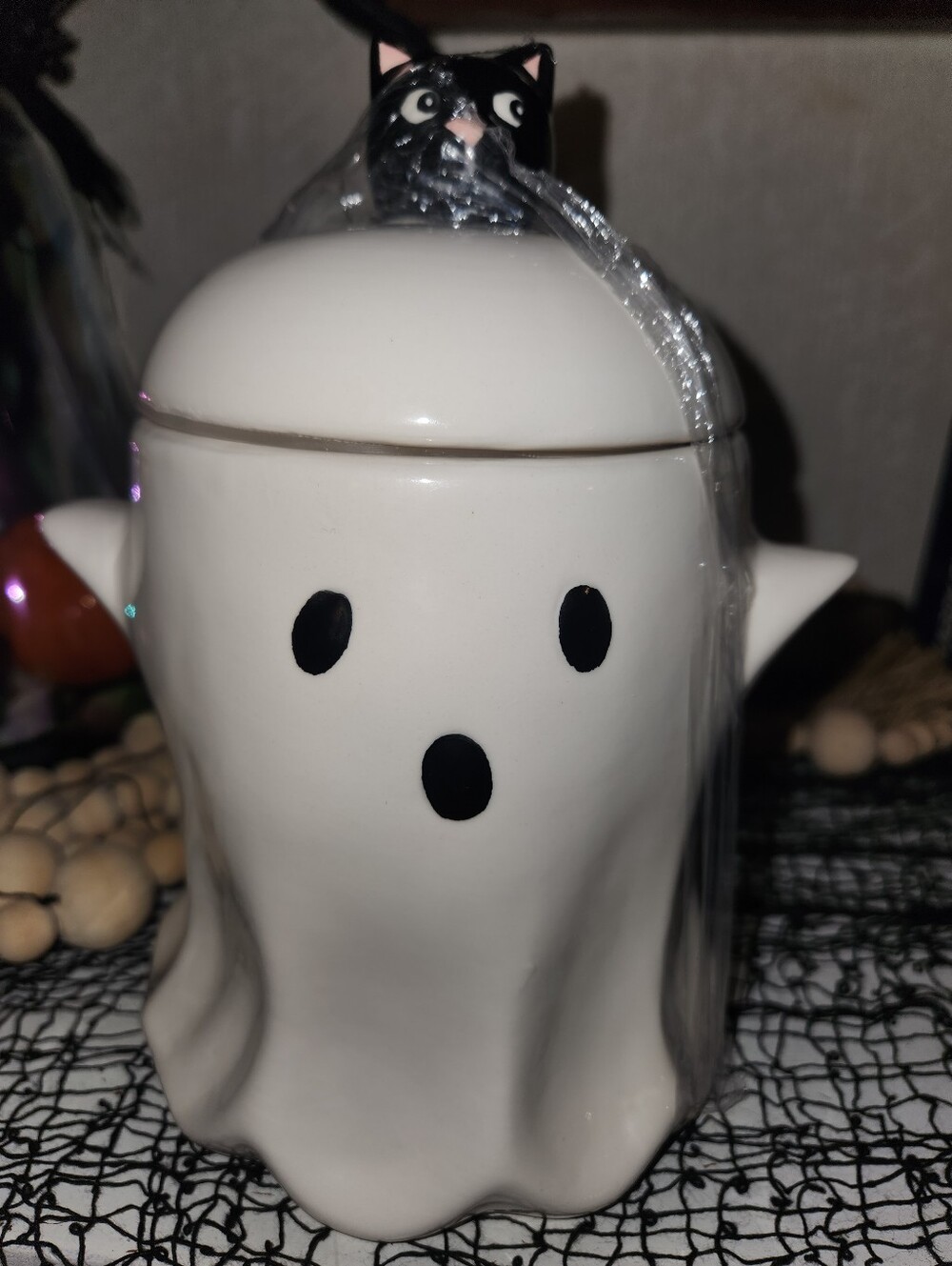 Cute Ghost Ceramic Jar with Black Cat Lid
